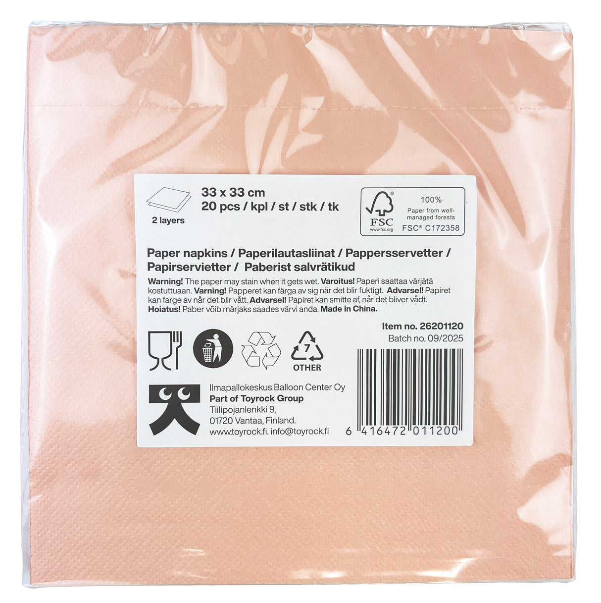 Suuri lautasliina Happy Birthday persikanvärinen 33 x 33 cm 20 kpl/pkt