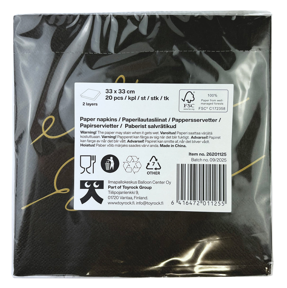 Suuri lautasliina Happy Birthday musta 33 x 33 cm 20 kpl/pkt