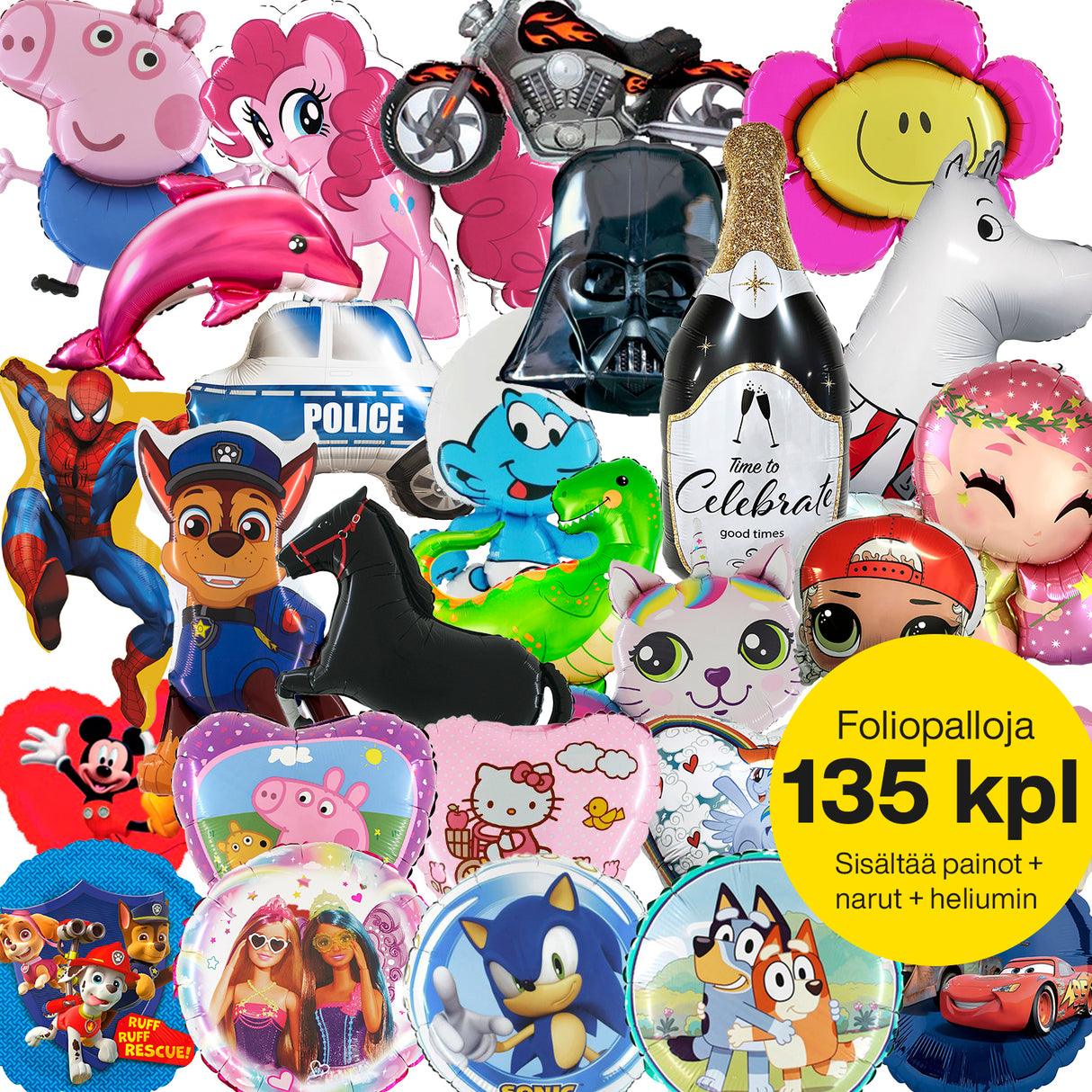 Foliopallopaketti, sis 50 tavallista + 85 muotofoliopalloa