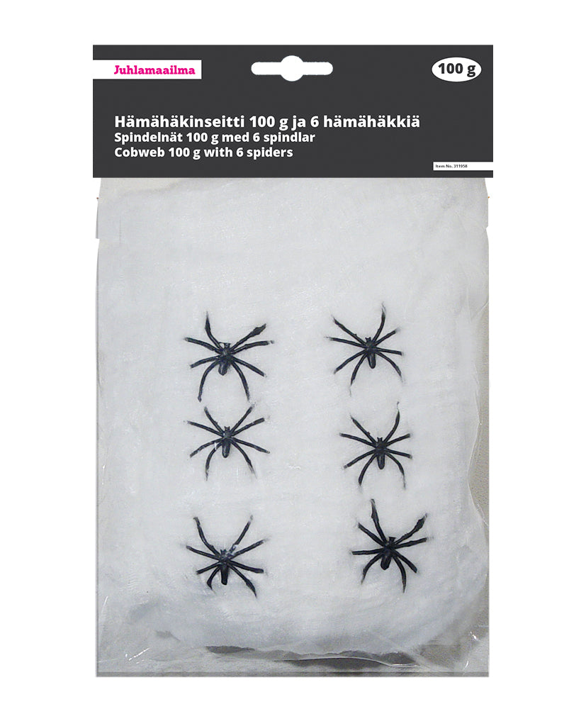 Hämähäkinseitti 100 g, valkoinen ja 6 hämähäkkiä