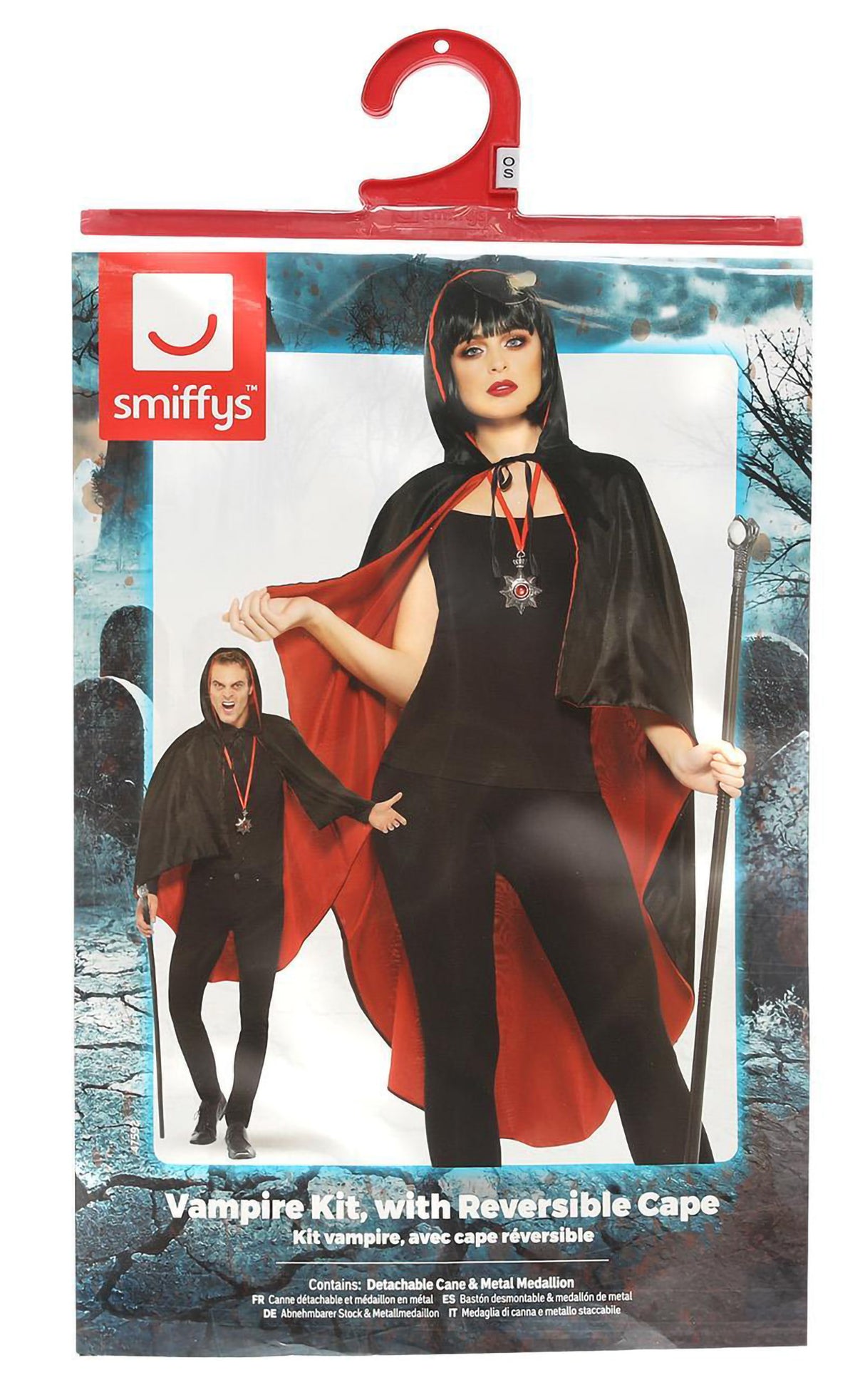 Vampyyrin asusetti; viitta, sauva ja medaljonki