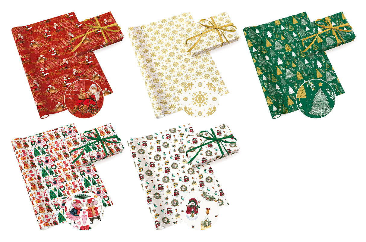 Lahjapaperi jouluiset kuviot 70 x 200 cm, lajitelmatuote 5 erilaista