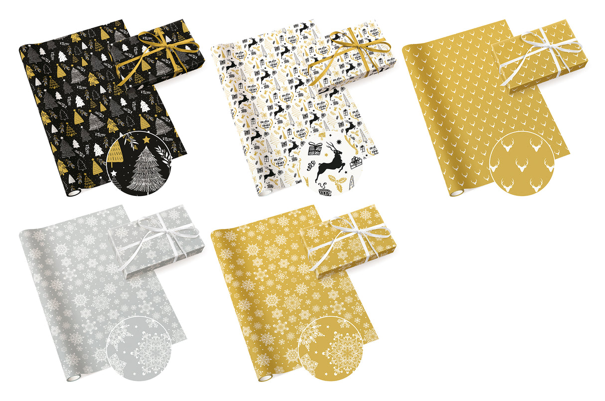 Lahjapaperi jouluiset kuviot 70 x 200 cm, lajitelmatuote 5 erilaista