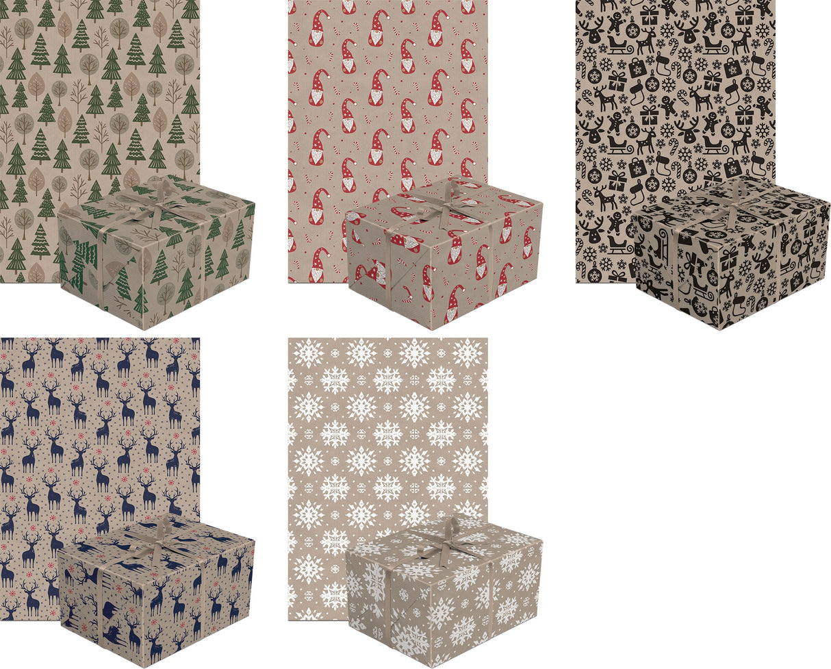 Joululahjapaperi 1 rll 70x200 cm lajitelma maanläheiset sävyt