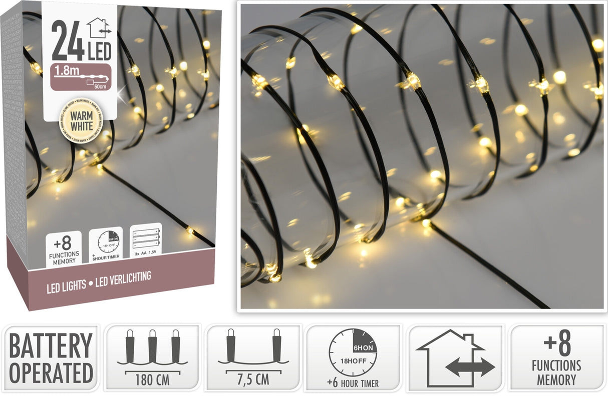 LED-valonauha musta 24 ledia lämmin valkoinen paristokäyttöinen