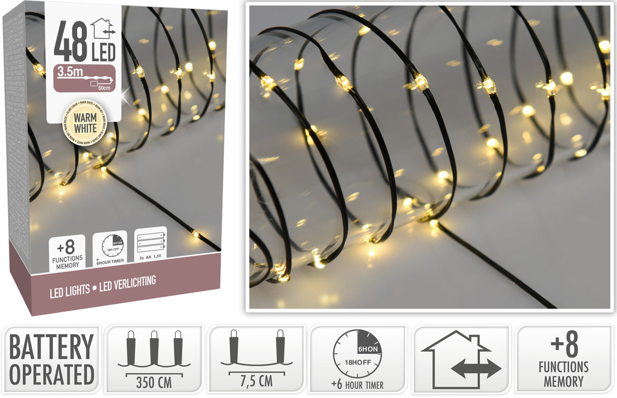 LED-valonauha musta 48 ledia lämmin valkoinen paristokäyttöinen