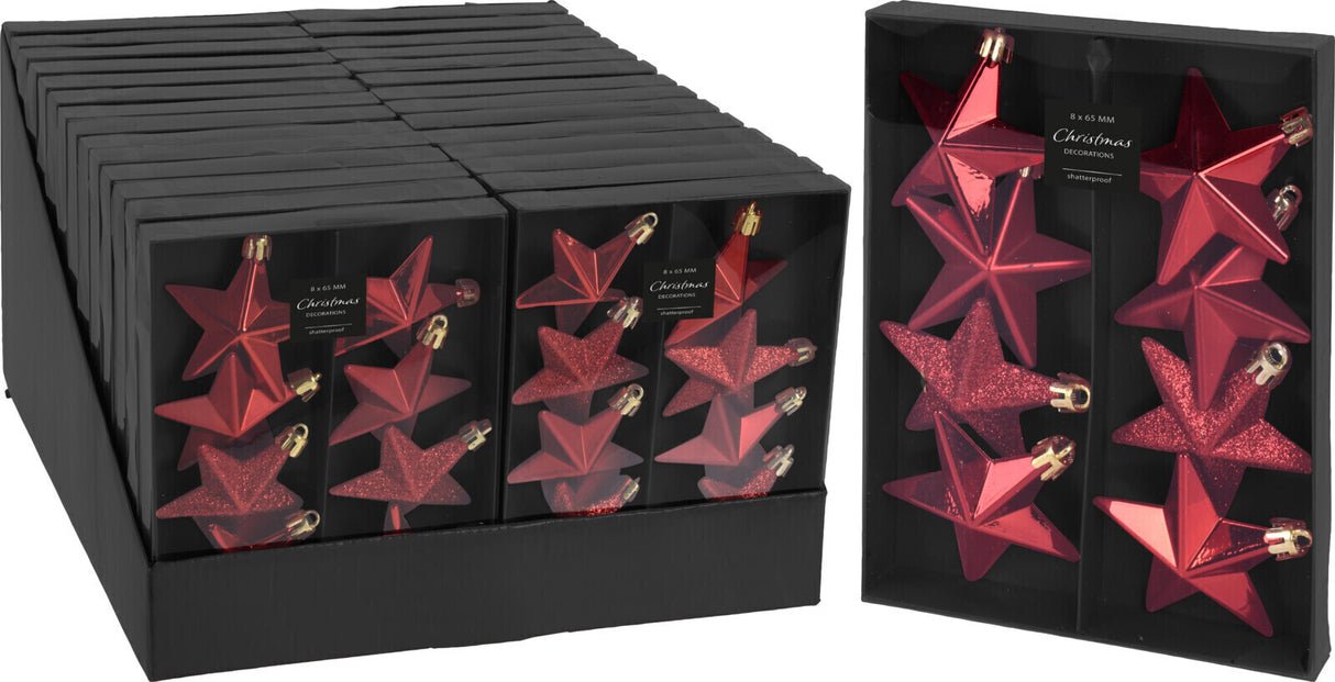 Joulukuusenkoriste tähti punainen 8 kpl/pkt, lajitelmatuote 2 erilaista