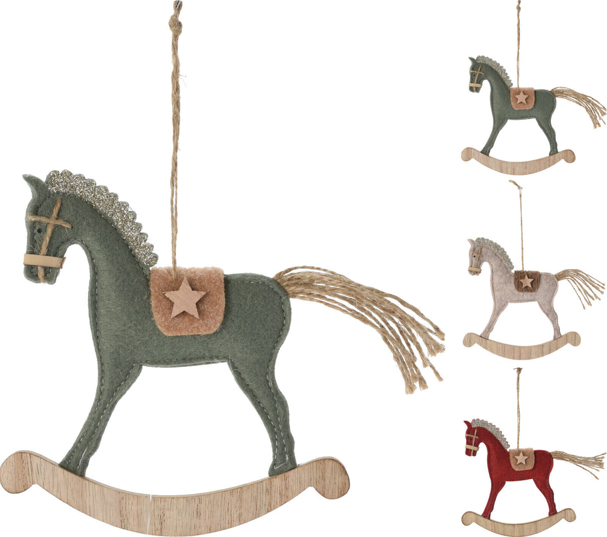 Joulukuusenkoriste keinuhevonen lajitelmatuote, 3 erilaista