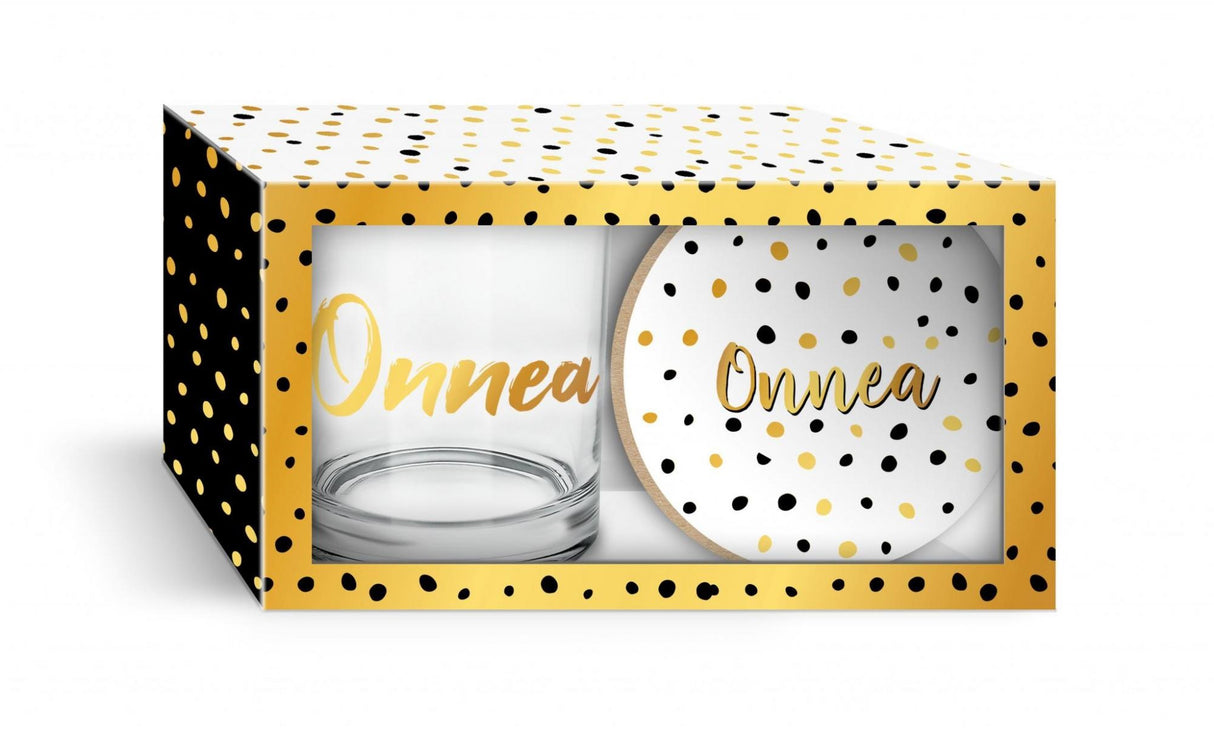 Juomalasi ONNEA ja lasinalunen lahjapakkauksessa
