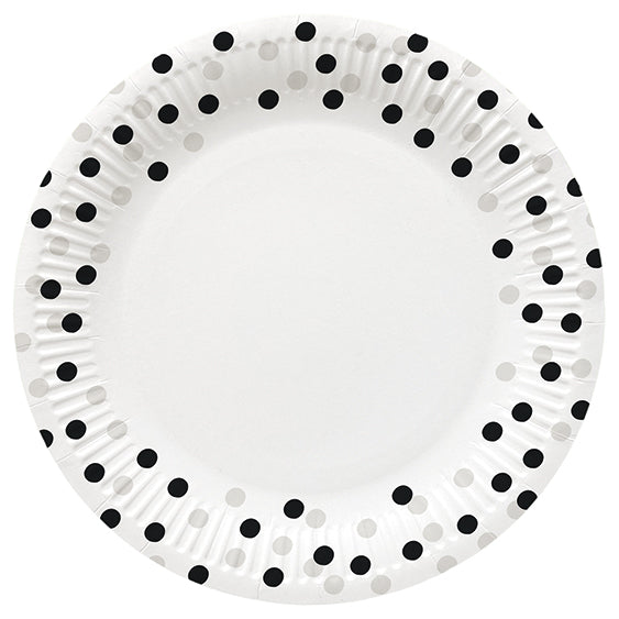 Suuri pahvilautanen konfetti 23 cm hopea-musta 8 kpl/pkt