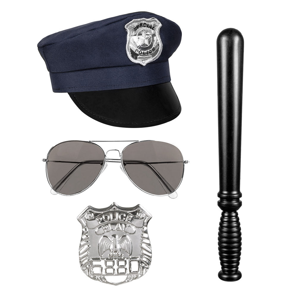 Poliisi asustesetti; hattu,lasit,pamppu ja virkamerkki