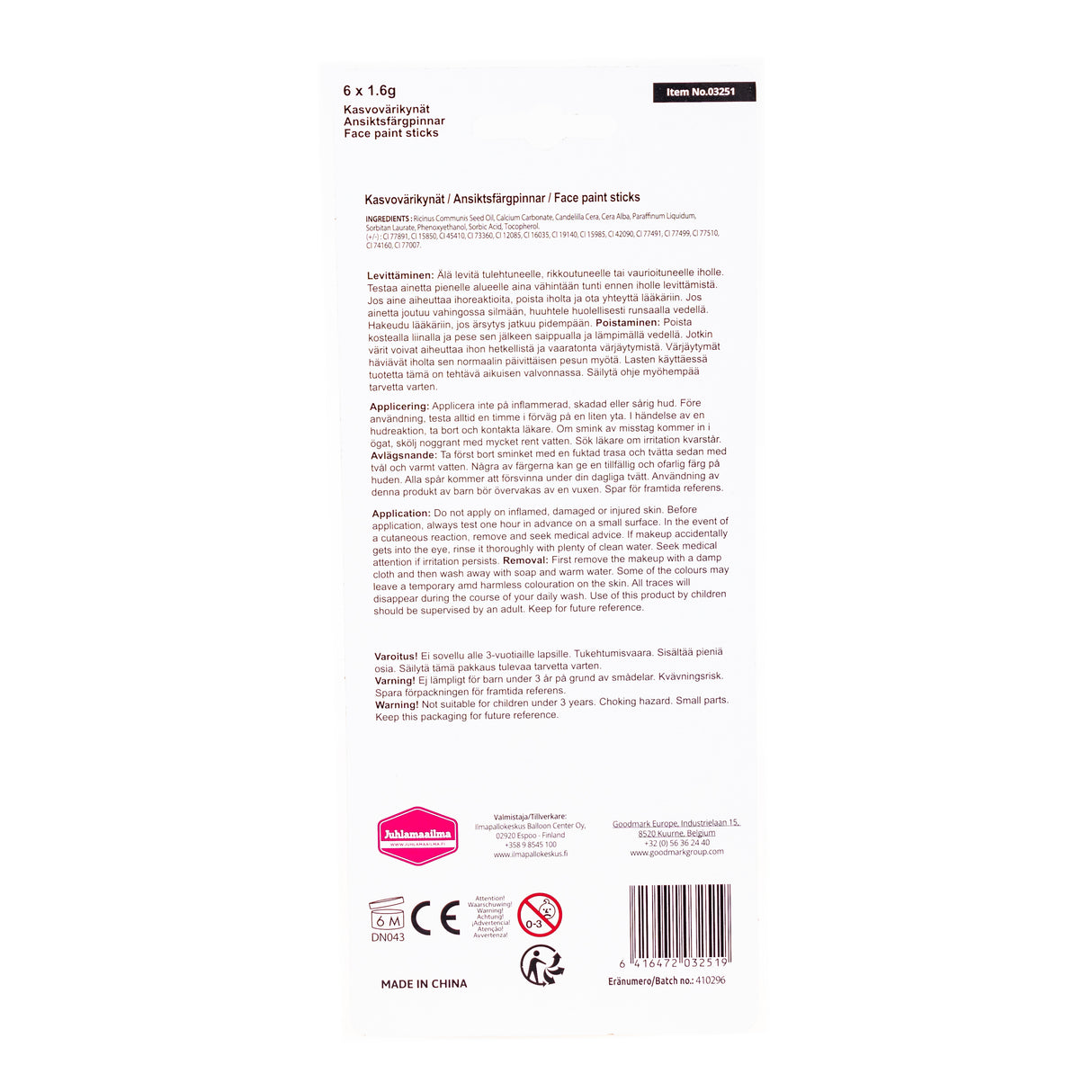 Kasvovärikynä öljypohjainen 6 kpl/pkt