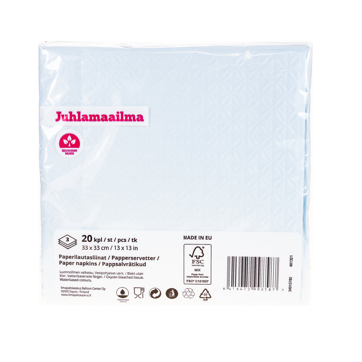 Suuri lautasliina kohokuvio 33 x 33 cm vaaleansininen 20 kpl/pkt