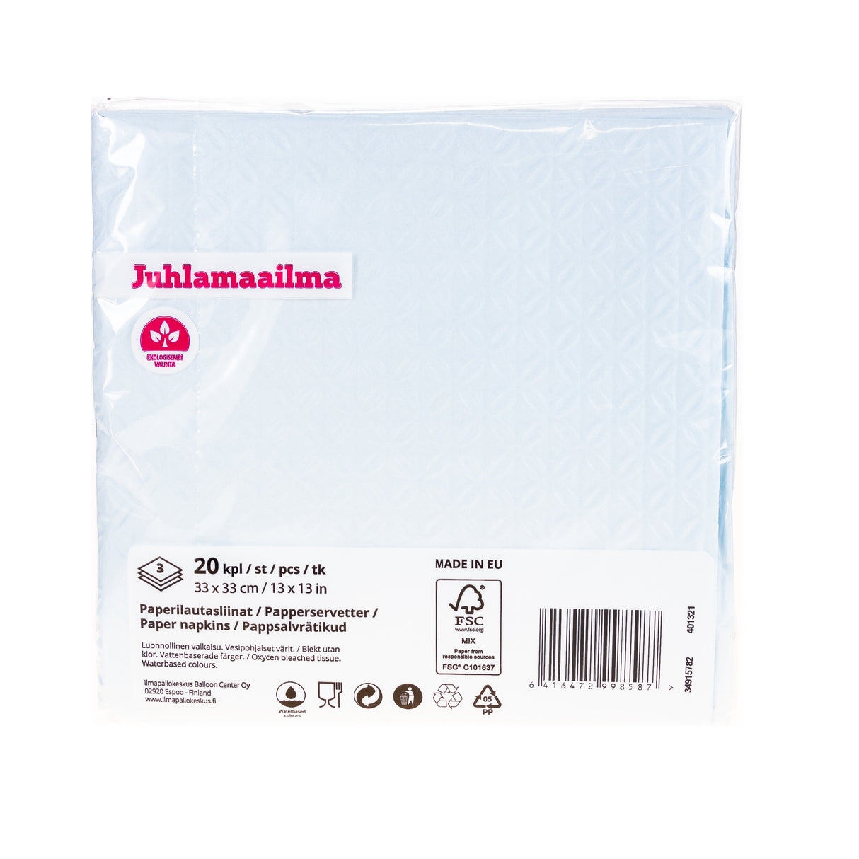 Suuri lautasliina kohokuvio 33 x 33 cm vaaleansininen 20 kpl/pkt