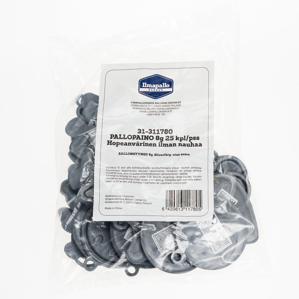 Pallopaino 8 g, hopeanvärinen ilman nauhaa 25 kpl/pss