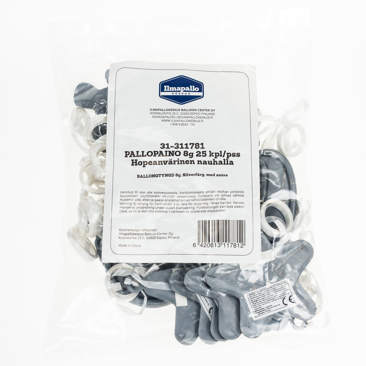 Pallopaino 8 g, hopeanvärinen nauhalla 25 kpl/pss