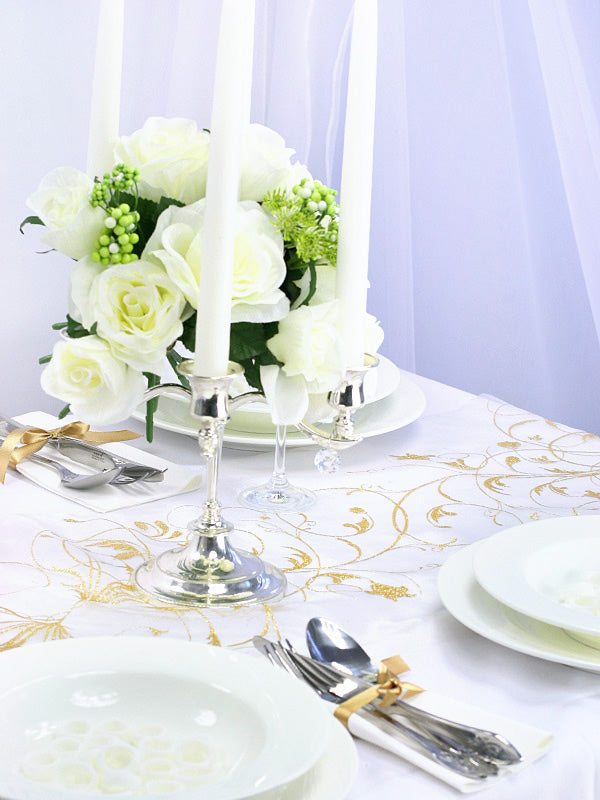 Organza valkoinen kultakuviolla 900 x 36 cm