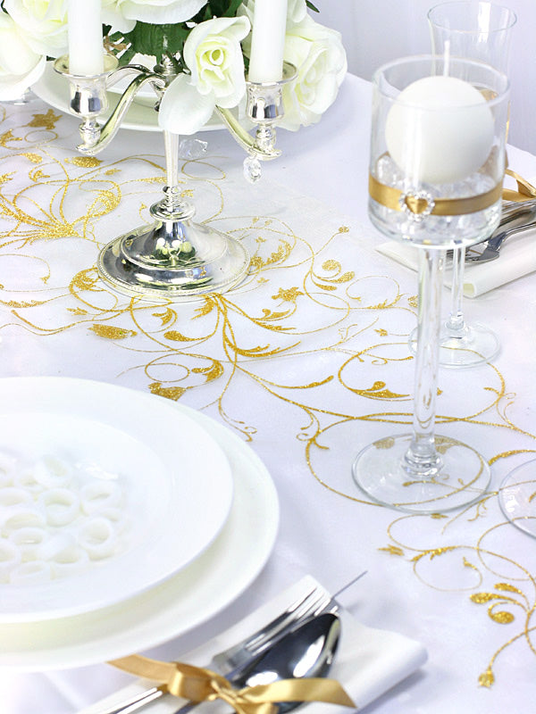 Organza valkoinen kultakuviolla 900 x 36 cm