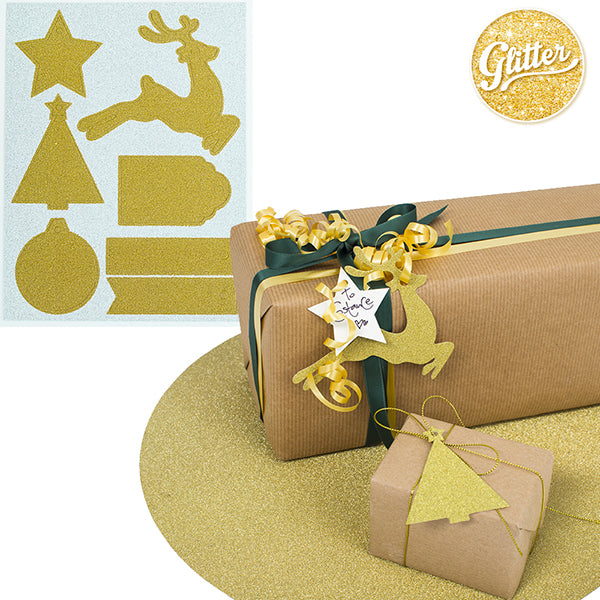 Jouluiset pakettikortit kullanvärinen kimalle 14 kpl/pkt