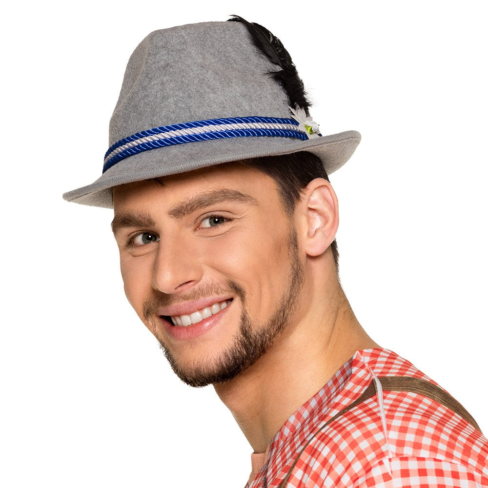 Olutjuhla hattu harmaa sinivalkoisella nyörillä