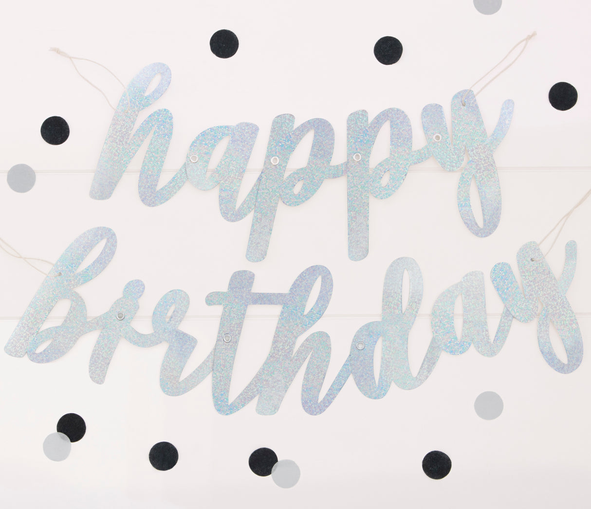 Happy Birthday kirjainnauha hopeanvärinen hologrammi