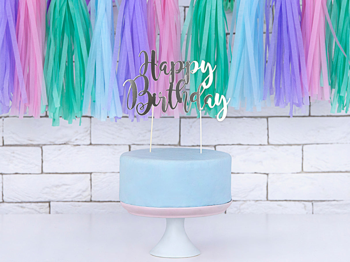 Kakunkoriste Happy Birthday hopeanvärinen