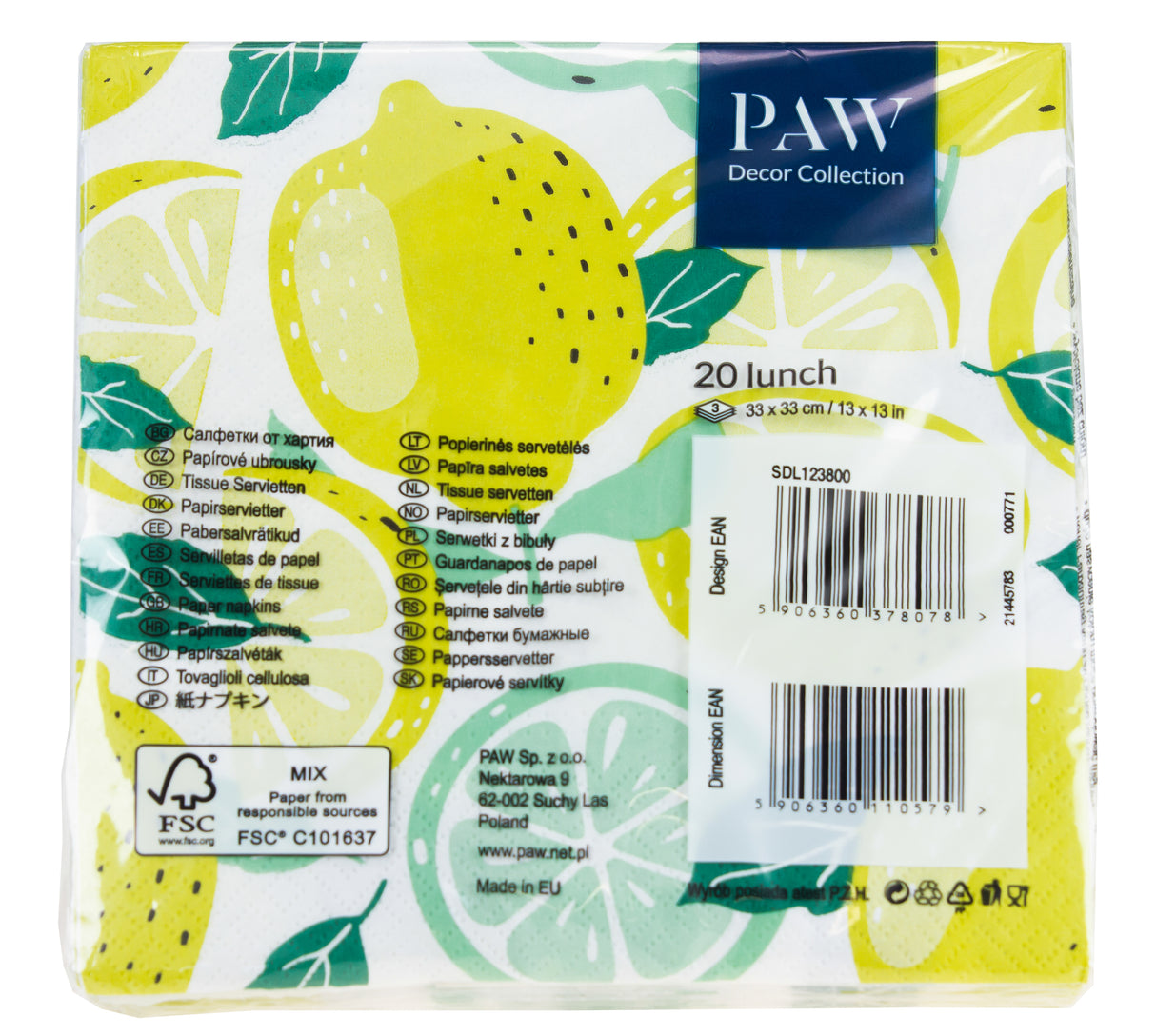 Suuri lautasliina 33 x 33 cm sitruuna 20 kpl/pkt