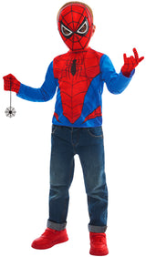 Spider Man asusetti; paita, maski, hanskat ja seitti