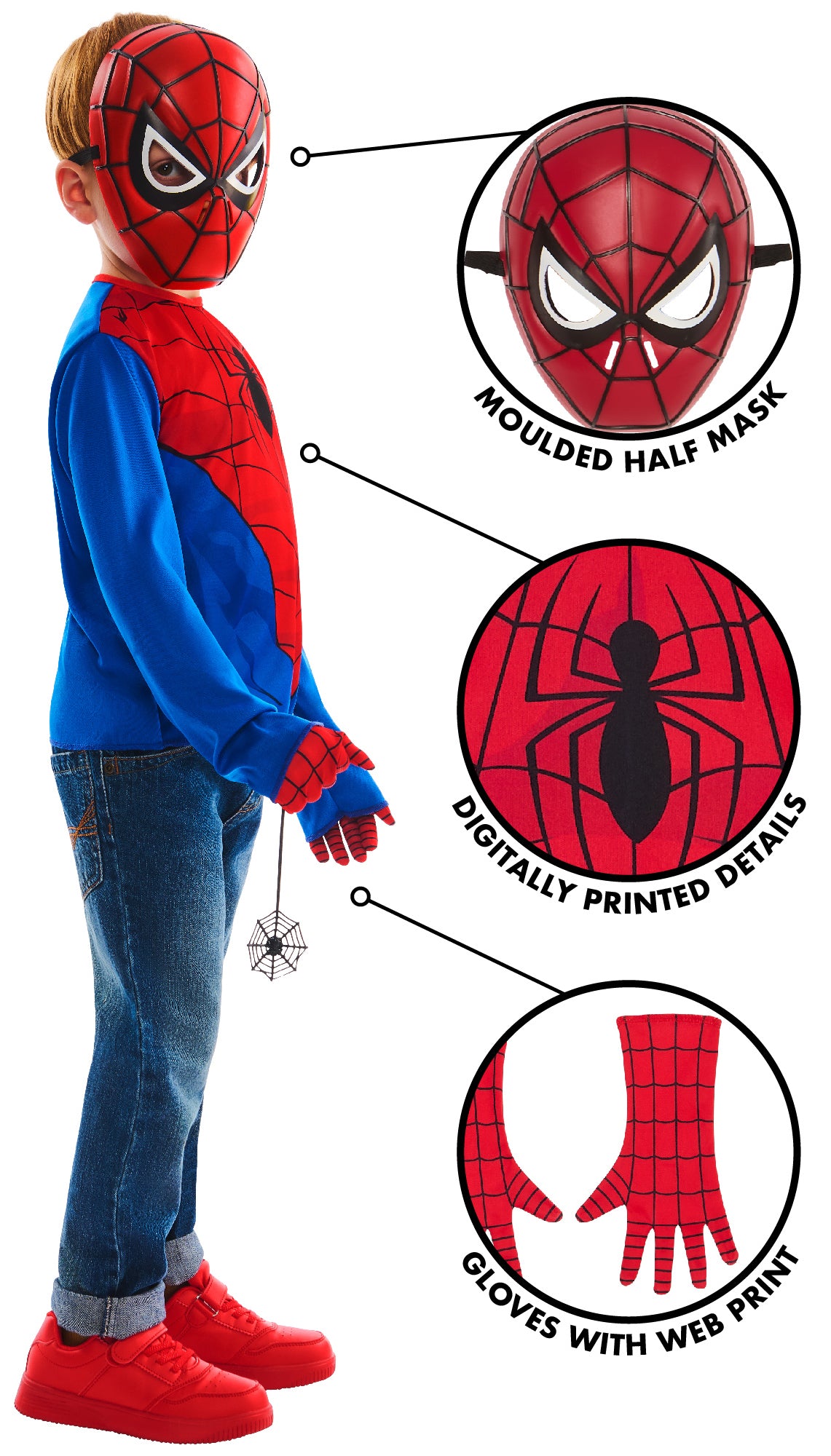 Spider Man asusetti; paita, maski, hanskat ja seitti