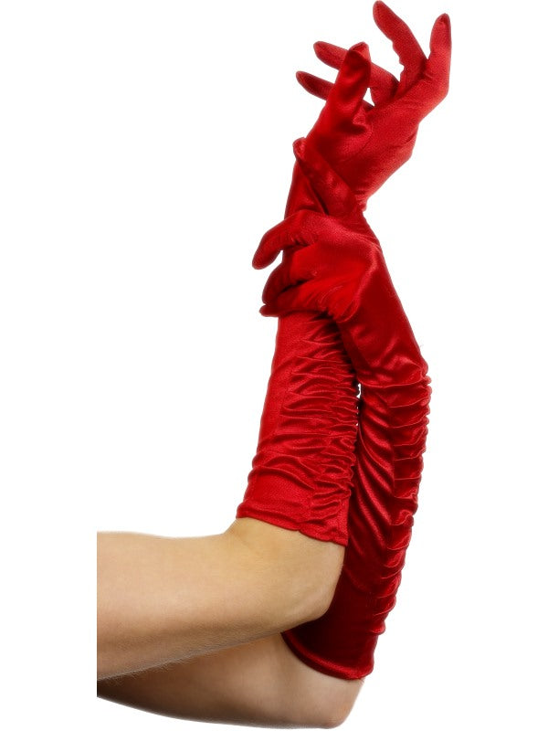 Käsineet, punainen satiini rypytyksellä 46 cm