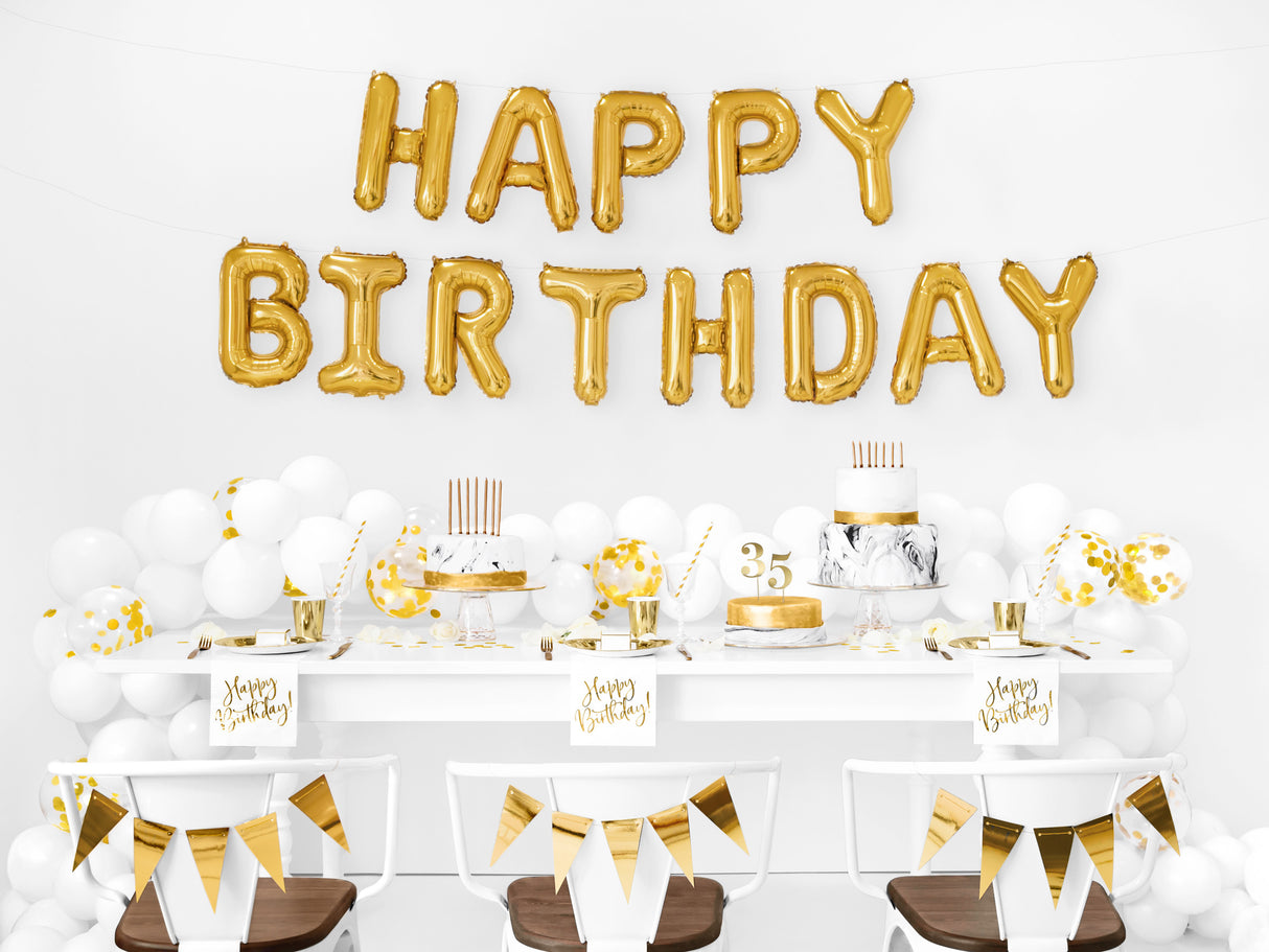 Happy Birthday kirjaimet foliopallosetti kullanvärinen