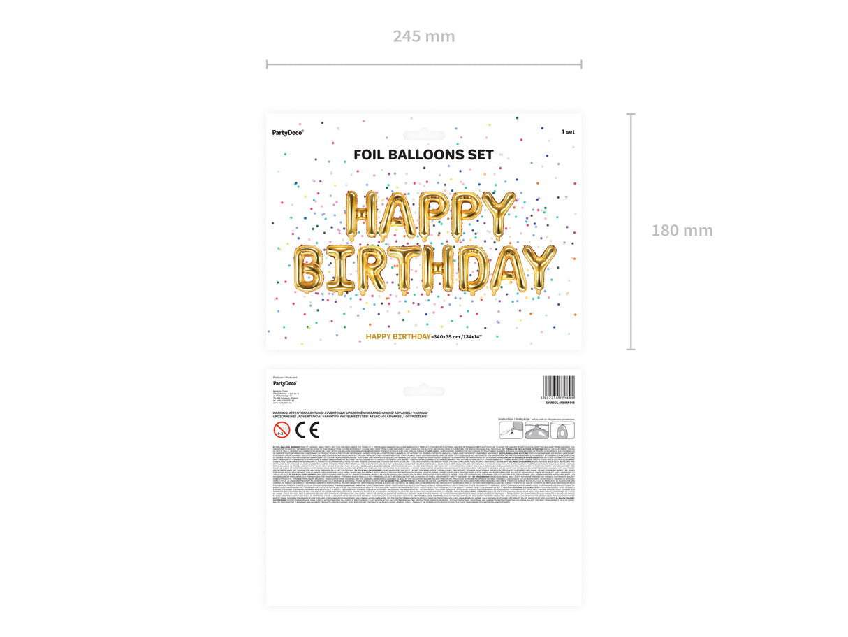 Happy Birthday kirjaimet foliopallosetti kullanvärinen