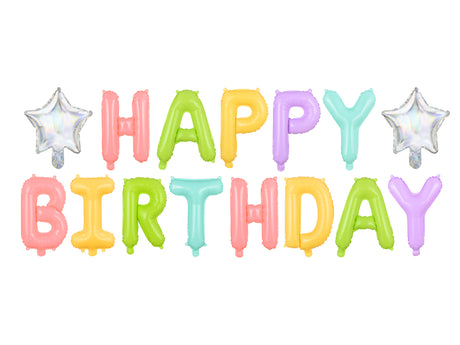 Happy Birthday värikäs ilmalla täytettävä foliopallosetti