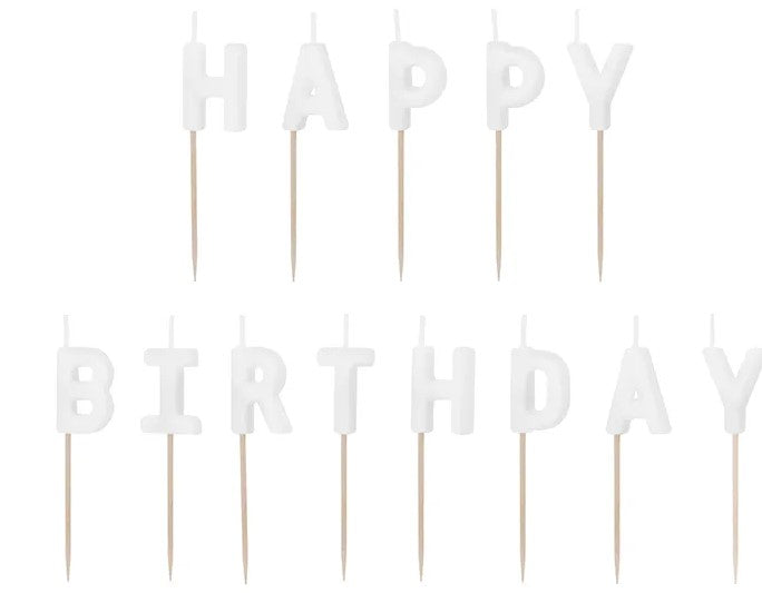 Happy Birthday kirjaimet valkoiset kakkukynttilät