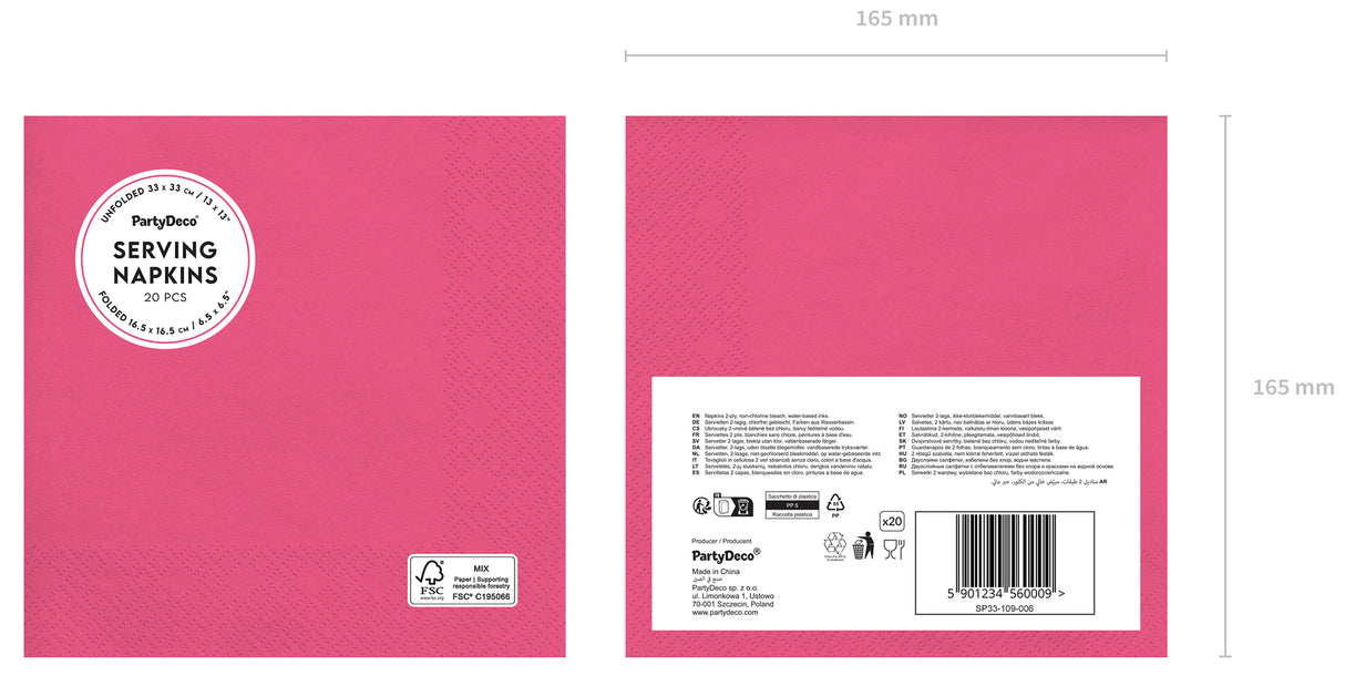 Lautasliina pinkki, 33 x 33 cm 20 kpl/pkt