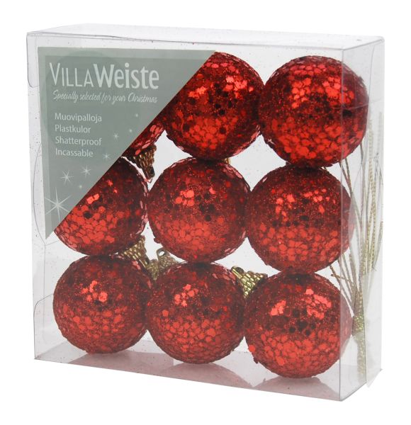 Joulupallo 4 cm punainen kimalle 9 kpl/pkt