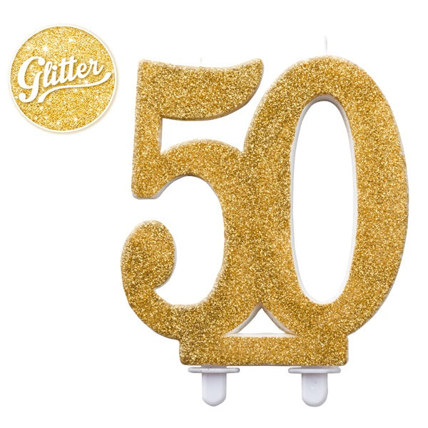 Suuri numerokynttilä 50, kimaltava kulta